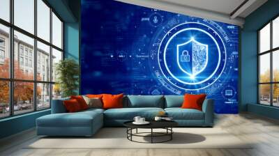 digital technology concept cyber security data protection internet network connection. The prominent shield in the middle of HUD on the right. Binary code connected polygons on dark blue background. Wall mural