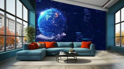 digital technology security concept Wireless connection of the global Internet communication network. Abstract globe resting on human hand with interconnected polygons on dark blue background. Wall mural