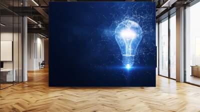 Electric light bulb bright polygonal connections on a dark blue background. Technology concept innovation artificial intelligence brainstorming business success. Wall mural