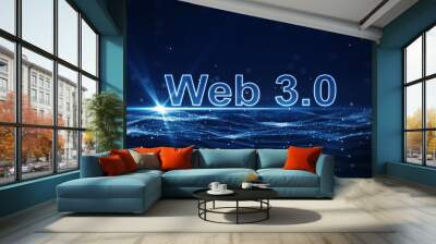 Future Web 3.0 Technology Concepts. Below the interlocking polygons, there is web 3.0 text on top with a dark blue background. Wall mural