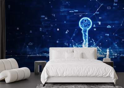 Key code connection concept to protect data in cybersecurity technology. There is a prominent key on the right that is connected polygon with binary code and a small icon on a dark blue background. Wall mural