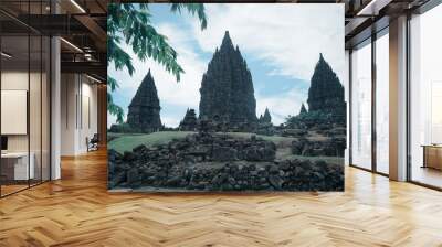 Yogyakarta Indonesia, June 4 2020 : Prambanan temple is a Hindu temple compound included in world heritage list in the night. Monumental ancient architecture, carved stone walls. Wall mural