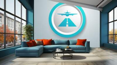 Airplane on the landing track sign on a white background with copy space icon flat vector Wall mural