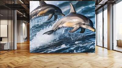 A joyful group of dolphins splashing together in the sea picture Wall mural