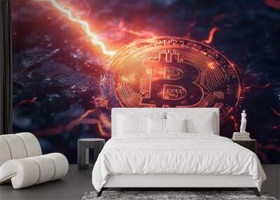 Abstract Bitcoin image illuminated by bold streaks of lightning energy image Wall mural