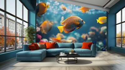 Realistic illustration featuring a diverse group of fishes underwater picture Wall mural