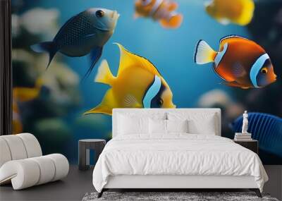 Underwater scene with a stunningly realistic group of vibrant fishes picture Wall mural