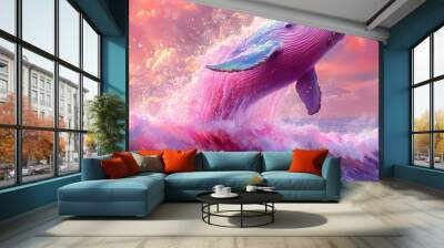 Vividly rainbow-colored whales soaring out of the water with grace image Wall mural