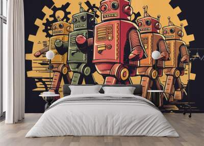 A line of retro-styled robots marching in unison Wall mural