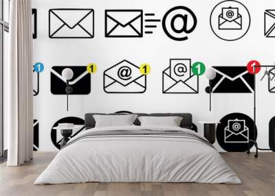 Email icon vector set features envelopes, notifications, and at symbols. Ideal for messaging apps, communication designs, and email marketing Wall mural