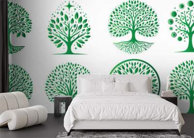 Green tree of life, eco friendly tree icons, perfect for branding, nature logos, eco friendly campaigns. Vibrant, diverse designs symbolizing growth, ecology Wall mural