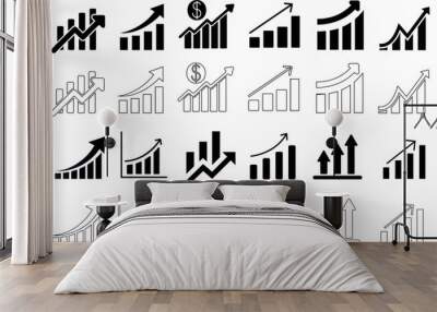 Growth chart vector icons, business increase, profit rise, financial gain. Black linear graphics representing positive trends, economic boost, investment returns Wall mural