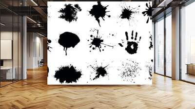 Ink splatter, paint splatter vector set, black paint splashes on white background, artistic design elements. Ideal for logos, branding, abstract art designs Wall mural