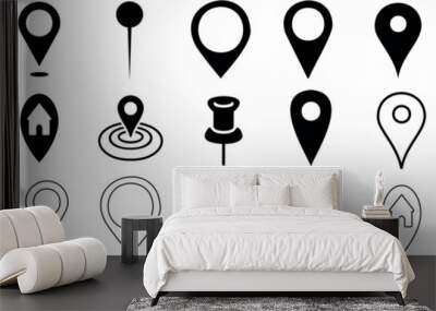 location marker, diverse map pin vector icons set. Ideal for mapping, navigation apps, websites. standard pins, circular markers, house shape, pushpin Wall mural