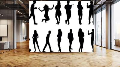 People silhouette vector, dancing, jumping, walking, business, casual, group, human figures, men and women, isolated black outline diverse pose illustration Wall mural