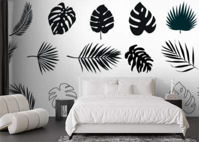 ropical leaves, palm leaves silhouettes, diverse collection, black shapes, design elements, artistic embellishments, leaf vector Wall mural