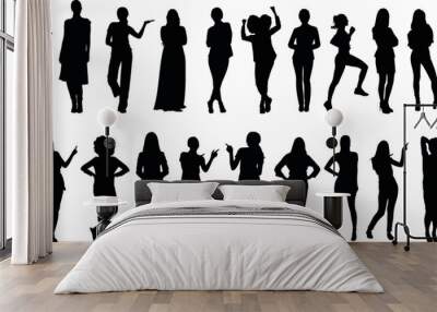 stylish women Silhouette in diverse poses, collection of woman showcasing fashion and elegance on a white background, perfect for design, art, and fashion projects Wall mural