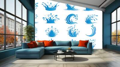 Water splash vector set, 20 designs of blue splash icons, wave graphics, liquid clipart, ocean elements, aquatic illustrations, wave patterns, fluid effects, clean design, dynamic visuals. Wall mural