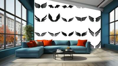 wing silhouette vector set, angel or bird wings. Ideal wing vector for logo design, tattoos, decals. Highly detailed, customizable, various designs on white background Wall mural