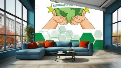 Poster concept of world environment day. name of the event in paper cut style and vector design. two hands holding the global earth and green tree. vector illustration design. Wall mural