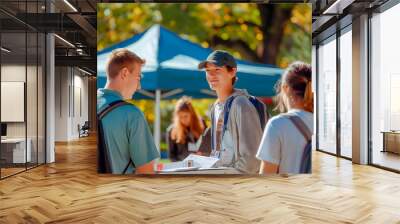 University students gather outdoors on campus with autumn foliage and a blue tent in the background. World Access to Education Day - International Day of Education Wall mural