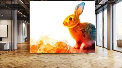 A colorful rabbit sitting in a swirl of orange, yellow, and blue. Wall mural