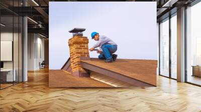 Contractor Builder with blue hardhat on the roof caulking chimney Wall mural