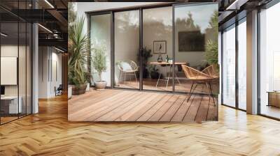 A general exterior view of a back garden patio area with wood decking, potted plants, Dragon palm tree, metal table and two chairs pale pastel sage green patio doors, window, drain pipe. Generative AI Wall mural