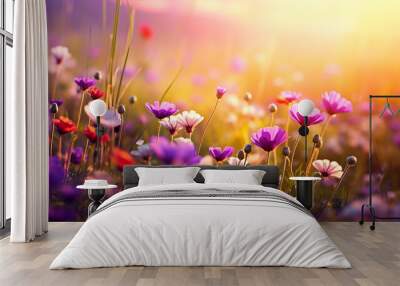 beautiful flowers in the field. Generative AI illustrator Wall mural