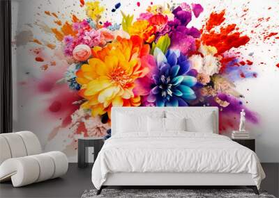 colorful flower explosion on white background, created. Generative AI Wall mural