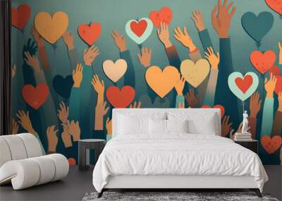 Group of diverse people with arms and hands raised towards hand painted hearts. Charity donation, volunteer work, support, assistance. multicultural community. people diversity. Generative AI Wall mural