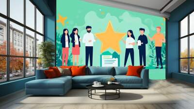 happy businessman and businesswoman celebrating with confetti and colleagues Wall mural