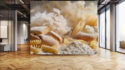 raw pasta with flour and ingredients for cooking on table Wall mural