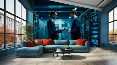 two young male and female professional engineers stand in a modern data center and work on a computer. Wall mural