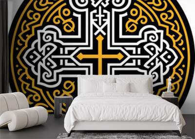 Vector illustration of an ornamental Christian cross, featuring a Celtic cross or Armenian Khachkar design within a circular frame, incorporating Christian motifs and Catholic ornamentation.  Wall mural