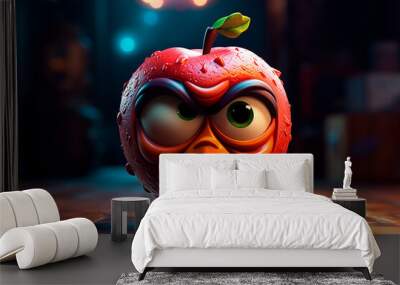 Cartoon apple with eyes and mouth. Generative AI Wall mural