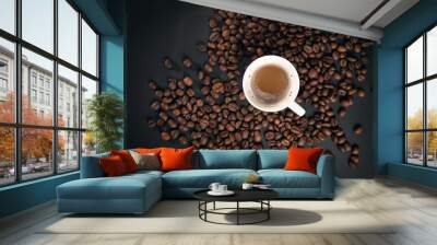 cup of coffee with coffee beans on black background Wall mural