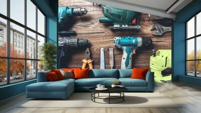 different tools on the wooden desk Wall mural