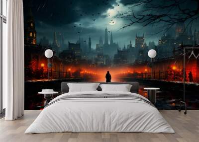 halloween background with a spooky scary city Wall mural