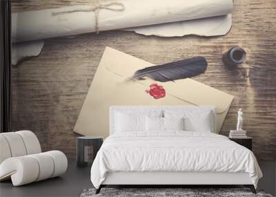 Old feather, envelope, sealing wax Wall mural