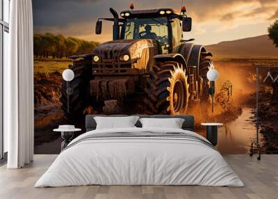 tractor with the dirt on the field in the evening Wall mural