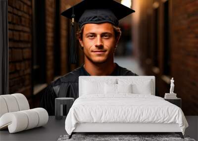 young male student in a graduation gown with cap and a black shirt on a brick wall background. high quality photo Wall mural