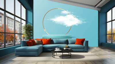 3d platform studio display minimal scene, gold round frame and fluffy cloud. Studio blue pedestal floor. Luxury Stage showcase platform modern. Fashion platform to show product light blue background  Wall mural