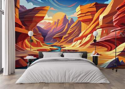 antelope canyon illustration cartoon vector background, mountain and river Wall mural