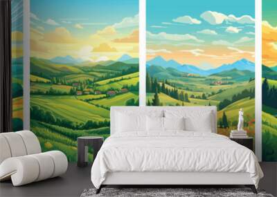 banner of farm landscape set, green hill, tree and mountain, Vector illustration, landscape background, wallpaper, poster, spring Wall mural