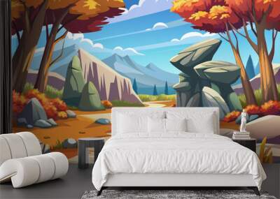 cartoon vector illustration of autumn landscape with mountains and trees, background with blue sky and clouds and stones Wall mural