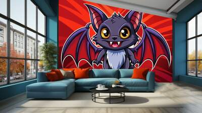 cartoon vector illustration of funny bat, red isolated background, kid books Wall mural