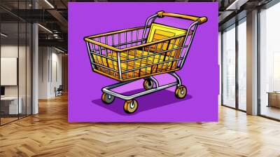 cartoon vector illustration of funny empty shopping cart with handle, isolated background Wall mural