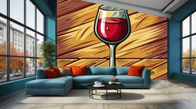 Cartoon vector illustration of red wine glass, wooden isolated background Wall mural