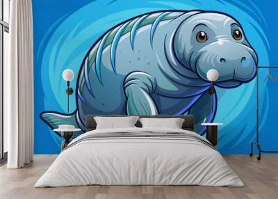 cartoon vector illustration of swimming funny manatee, blue sea isolated background, under ocean planet Wall mural